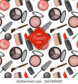 Seamless pattern with decorative cosmetics. Cartoon style. Vector illustration