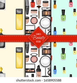 Seamless pattern with decorative cosmetics. Cartoon style. Vector illustration