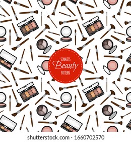 Seamless pattern with decorative cosmetics. Cartoon style. Vector illustration