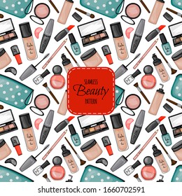 Seamless pattern with decorative cosmetics. Cartoon style. Vector illustration