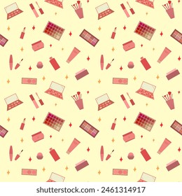 Seamless pattern of decorative cosmetics. Eyeshadow palette, blush, mascara, gloss, lipstick, cream, makeup brushes. Vector illustration