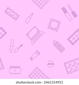 Seamless pattern of decorative cosmetics. Eyeshadow palette, blush, mascara, gloss, lipstick, cream, makeup brushes. Vector illustration