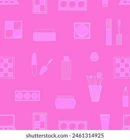 Seamless pattern of decorative cosmetics. Eyeshadow palette, blush, mascara, gloss, lipstick, cream, makeup brushes. Vector illustration