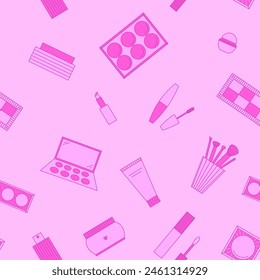 Seamless pattern of decorative cosmetics. Eyeshadow palette, blush, mascara, gloss, lipstick, cream, makeup brushes. Vector illustration