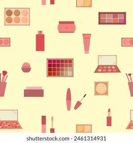 Seamless pattern of decorative cosmetics. Eyeshadow palette, blush, mascara, gloss, lipstick, cream, makeup brushes. Vector illustration