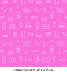 Seamless pattern of decorative cosmetics. Eyeshadow palette, blush, mascara, gloss, lipstick, cream, makeup brushes. Vector illustration