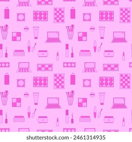 Seamless pattern of decorative cosmetics. Eyeshadow palette, blush, mascara, gloss, lipstick, cream, makeup brushes. Vector illustration