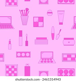 Seamless pattern of decorative cosmetics. Eyeshadow palette, blush, mascara, gloss, lipstick, cream, makeup brushes. Vector illustration