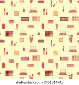 Seamless pattern of decorative cosmetics. Eyeshadow palette, blush, mascara, gloss, lipstick, cream, makeup brushes. Vector illustration