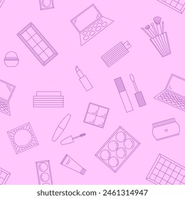 Seamless pattern of decorative cosmetics. Eyeshadow palette, blush, mascara, gloss, lipstick, cream, makeup brushes. Vector illustration