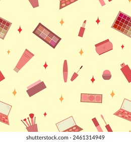 Seamless pattern of decorative cosmetics. Eyeshadow palette, blush, mascara, gloss, lipstick, cream, makeup brushes. Vector illustration