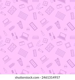 Seamless pattern of decorative cosmetics. Eyeshadow palette, blush, mascara, gloss, lipstick, cream, makeup brushes. Vector illustration