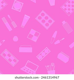 Seamless pattern of decorative cosmetics. Eyeshadow palette, blush, mascara, gloss, lipstick, cream, makeup brushes. Vector illustration