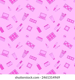 Seamless pattern of decorative cosmetics. Eyeshadow palette, blush, mascara, gloss, lipstick, cream, makeup brushes. Vector illustration