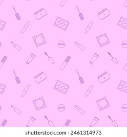 Seamless pattern of decorative cosmetics. Eyeshadow palette, blush, mascara, gloss, lipstick, cream, makeup brushes. Vector illustration