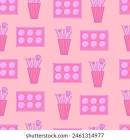 Seamless pattern of decorative cosmetics. Eyeshadow palette and makeup brushes. Vector illustration
