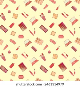 Seamless pattern of decorative cosmetics. Eyeshadow palette, blush, mascara, gloss, lipstick, cream, makeup brushes. Vector illustration