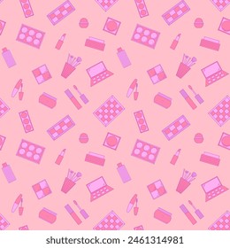 Seamless pattern of decorative cosmetics. Eyeshadow palette, blush, mascara, gloss, lipstick, cream, makeup brushes. Vector illustration