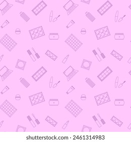 Seamless pattern of decorative cosmetics. Eyeshadow palette, blush, mascara, gloss, lipstick, cream, makeup brushes. Vector illustration