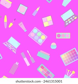 Seamless pattern of decorative cosmetics. Eyeshadow palette, blush, mascara, gloss, lipstick, cream, makeup brushes. Vector illustration