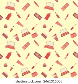 Seamless pattern of decorative cosmetics. Eyeshadow palette, blush, mascara, gloss, lipstick, cream, makeup brushes. Vector illustration