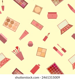 Seamless pattern of decorative cosmetics. Eyeshadow palette, blush, mascara, gloss, lipstick, cream, makeup brushes. Vector illustration