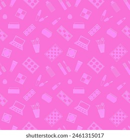 Seamless pattern of decorative cosmetics. Eyeshadow palette, blush, mascara, gloss, lipstick, cream, makeup brushes. Vector illustration