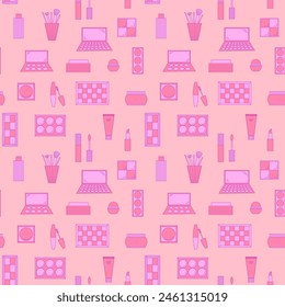 Seamless pattern of decorative cosmetics. Eyeshadow palette, blush, mascara, gloss, lipstick, cream, makeup brushes. Vector illustration