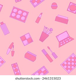 Seamless pattern of decorative cosmetics. Eyeshadow palette, blush, mascara, gloss, lipstick, cream, makeup brushes. Vector illustration