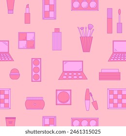 Seamless pattern of decorative cosmetics. Eyeshadow palette, blush, mascara, gloss, lipstick, cream, makeup brushes. Vector illustration