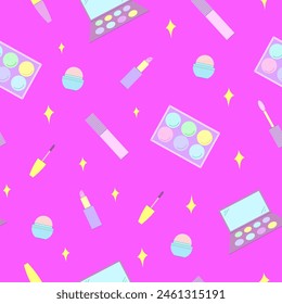 Seamless pattern of decorative cosmetics. Eyeshadow palette, blush, mascara, gloss, lipstick, cream, makeup brushes. Vector illustration