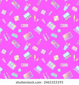 Seamless pattern of decorative cosmetics. Eyeshadow palette, blush, mascara, gloss, lipstick, cream, makeup brushes. Vector illustration