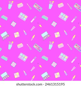 Seamless pattern of decorative cosmetics. Eyeshadow palette, blush, mascara, gloss, lipstick, cream, makeup brushes. Vector illustration