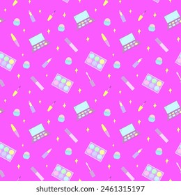 Seamless pattern of decorative cosmetics. Eyeshadow palette, blush, mascara, gloss, lipstick, cream, makeup brushes. Vector illustration