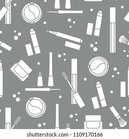 Seamless pattern of decorative cosmetics. Makeup. Eyeliner, eyeshadow, brush, cream, mascara. Glamour fashion vogue style.