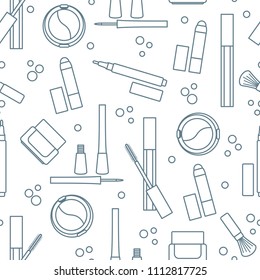 Seamless pattern of decorative cosmetics. Makeup. Eyeliner, eyeshadow, brush, cream, mascara. Glamour fashion vogue style.