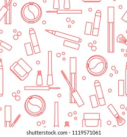 Seamless pattern of decorative cosmetics. Makeup. Eyeliner, eyeshadow, brush, cream, mascara. Glamour fashion vogue style.