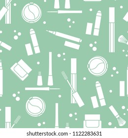 Seamless pattern of decorative cosmetics. Makeup. Eyeliner, eyeshadow, brush, cream, mascara. Glamour fashion vogue style.