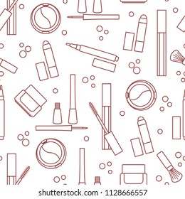 Seamless pattern of decorative cosmetics. Makeup. Eyeliner, eyeshadow, brush, cream, mascara. Glamour fashion vogue style.
