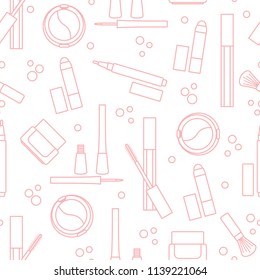 Seamless pattern of decorative cosmetics. Makeup. Eyeliner, eyeshadow, brush, cream, mascara. Glamour fashion vogue style.