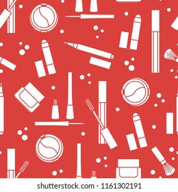 Seamless pattern of decorative cosmetics. Makeup. Eyeliner, eyeshadow, brush, cream, mascara. Glamour fashion vogue style.