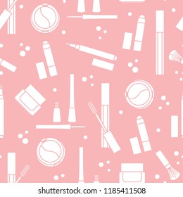 Seamless pattern of decorative cosmetics. Makeup. Eyeliner, eyeshadow, brush, cream, mascara. Glamour fashion vogue style.
