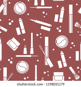 Seamless pattern of decorative cosmetics. Makeup. Eyeliner, eyeshadow, brush, cream, mascara. Glamour fashion vogue style.
