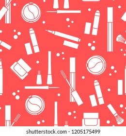 Seamless pattern of decorative cosmetics. Makeup. Eyeliner, eyeshadow, brush, cream, mascara. Glamour fashion vogue style.