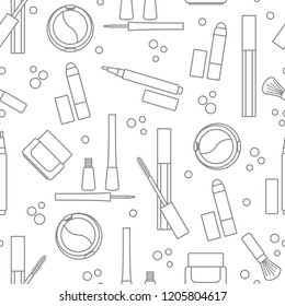 Seamless pattern of decorative cosmetics. Makeup. Eyeliner, eyeshadow, brush, cream, mascara. Glamour fashion vogue style.