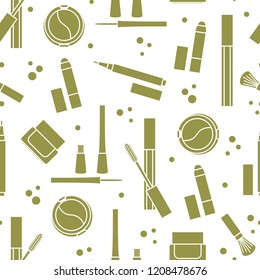 Seamless pattern of decorative cosmetics. Makeup. Eyeliner, eyeshadow, brush, cream, mascara. Glamour fashion vogue style.