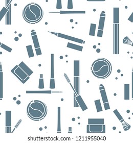 Seamless pattern of decorative cosmetics. Makeup. Eyeliner, eyeshadow, brush, cream, mascara. Glamour fashion vogue style.