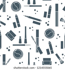 Seamless pattern of decorative cosmetics. Makeup. Eyeliner, eyeshadow, brush, cream, mascara. Glamour fashion vogue style.