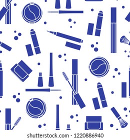 Seamless pattern of decorative cosmetics. Makeup. Eyeliner, eyeshadow, brush, cream, mascara. Glamour fashion vogue style.