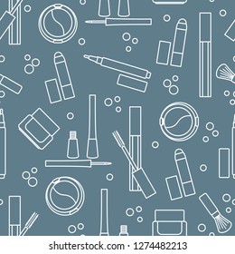 Seamless pattern of decorative cosmetics. Makeup. Eyeliner, eyeshadow, brush, cream, mascara. Glamour fashion vogue style.